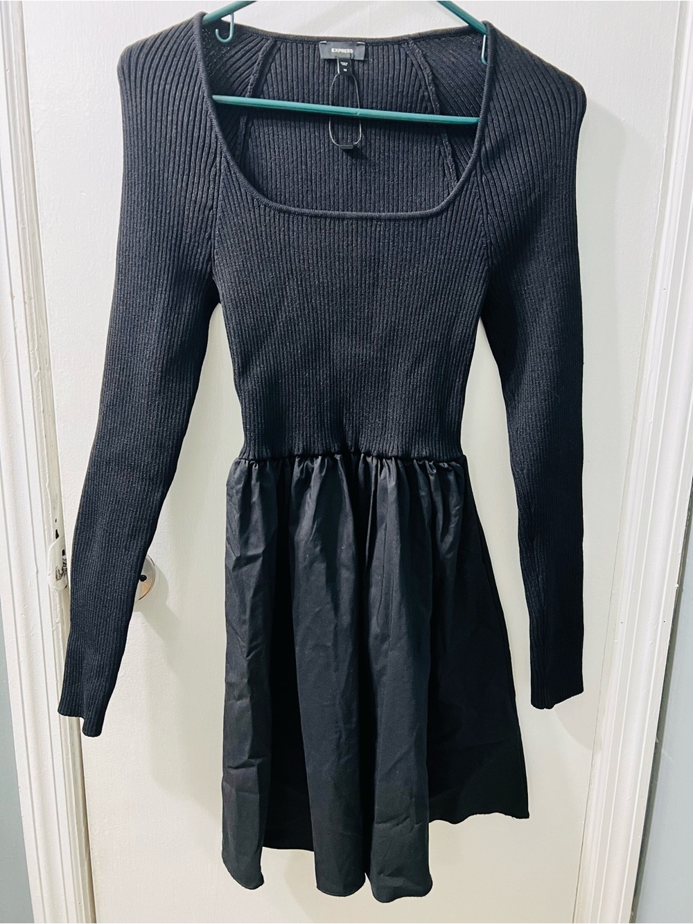 Express Black Ribbed Long-Sleeve Scoop Neck Fit & Flare Dress
